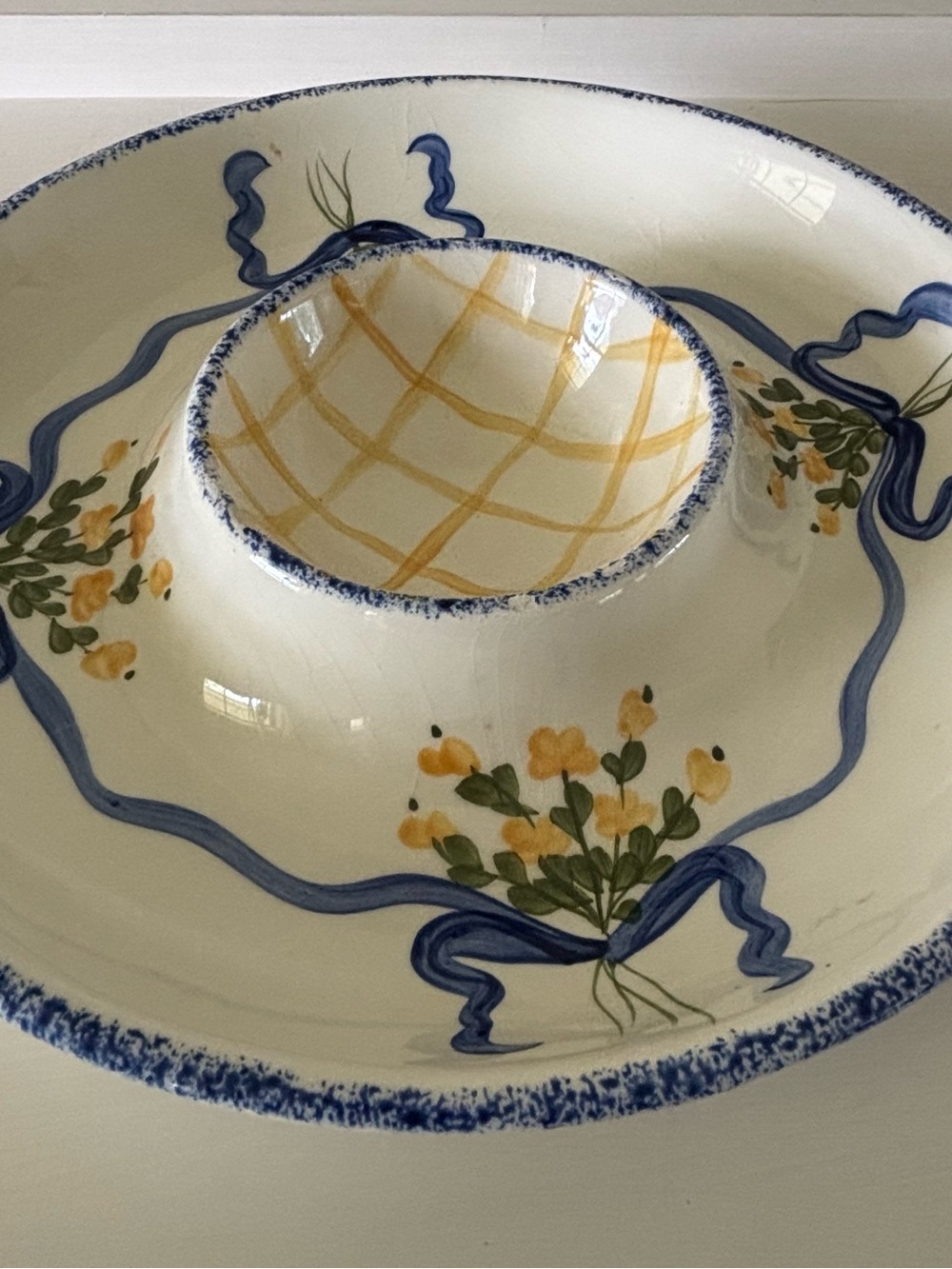 Hand-Painted Ceramic chips and dip Platter in Blue and Yellow